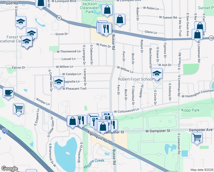 map of restaurants, bars, coffee shops, grocery stores, and more near 1704 West Pheasant Trail in Mount Prospect