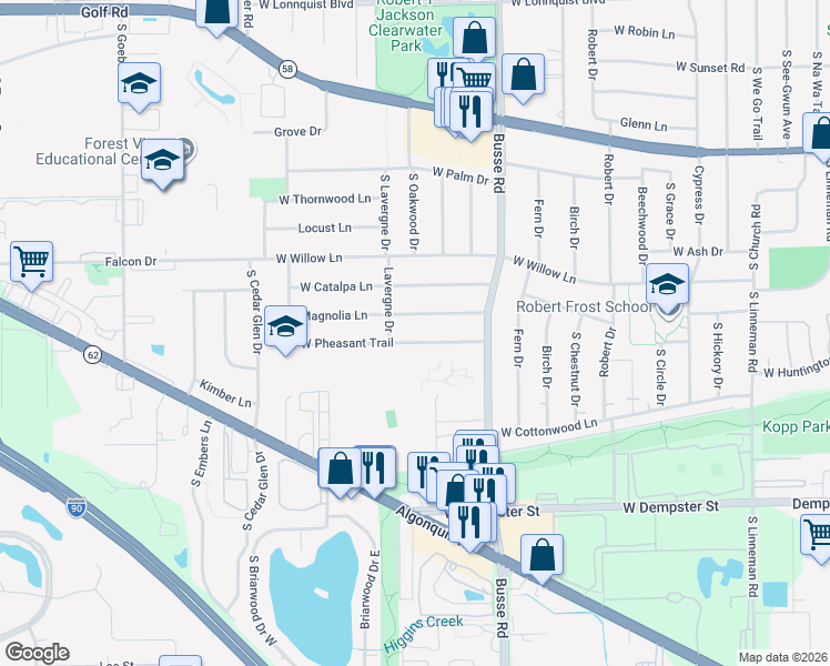 map of restaurants, bars, coffee shops, grocery stores, and more near 1716 West Pheasant Trail in Mount Prospect