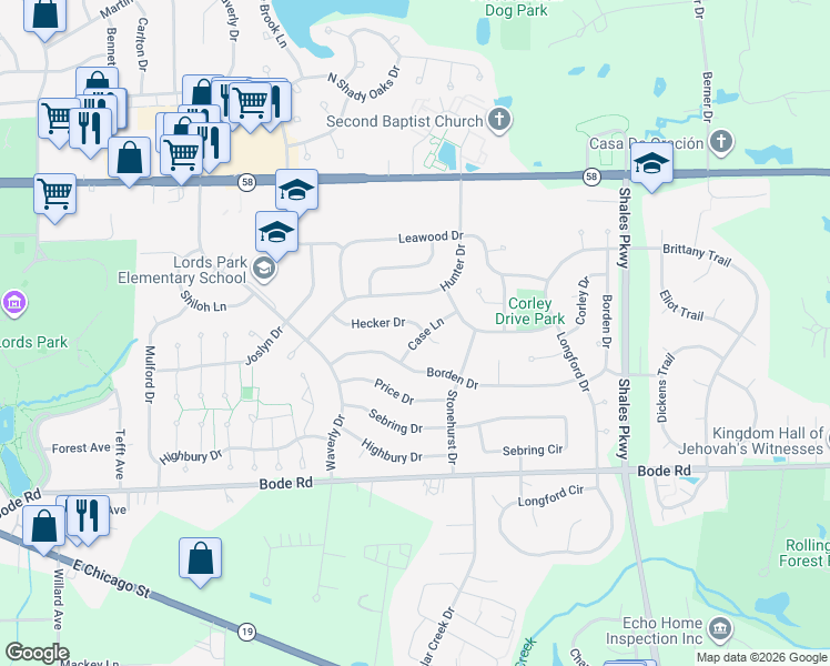 map of restaurants, bars, coffee shops, grocery stores, and more near 1160 Case Lane in Elgin