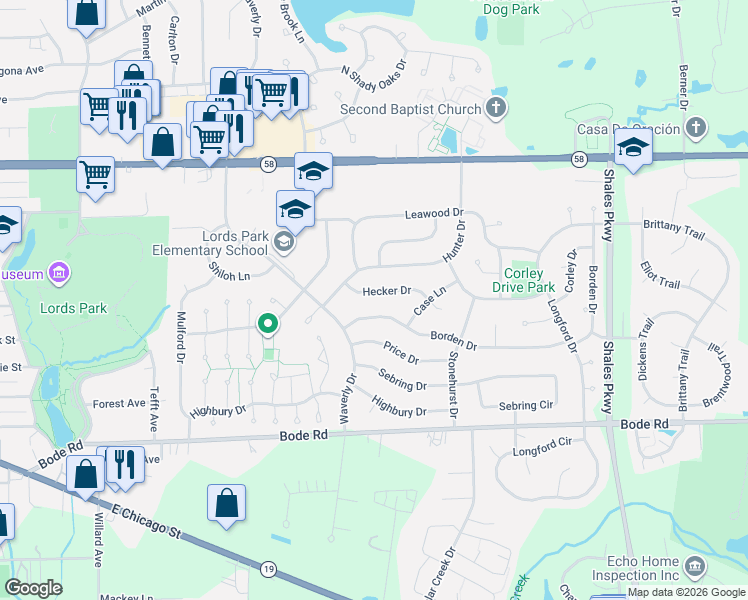 map of restaurants, bars, coffee shops, grocery stores, and more near 1109 Hecker Drive in Elgin