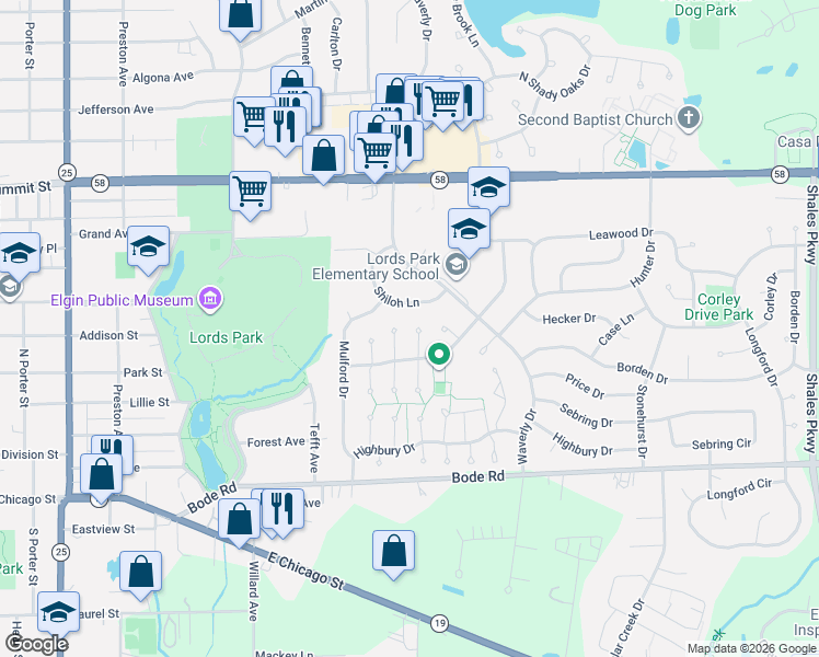 map of restaurants, bars, coffee shops, grocery stores, and more near 80 Joslyn Drive in Elgin