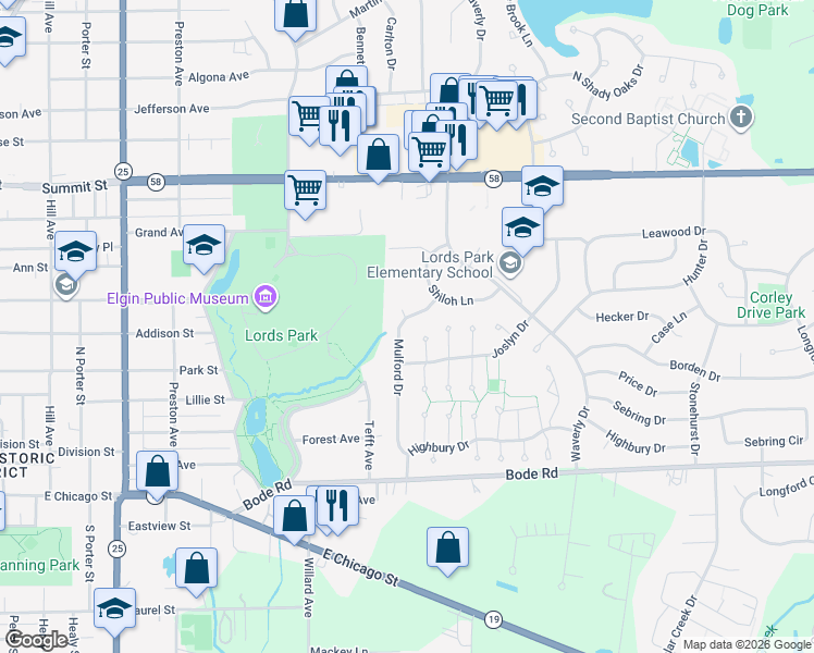 map of restaurants, bars, coffee shops, grocery stores, and more near 266 Mulford Drive in Elgin