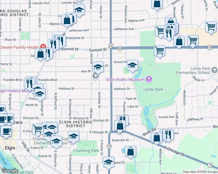 map of restaurants, bars, coffee shops, grocery stores, and more near 253 North Liberty Street in Elgin