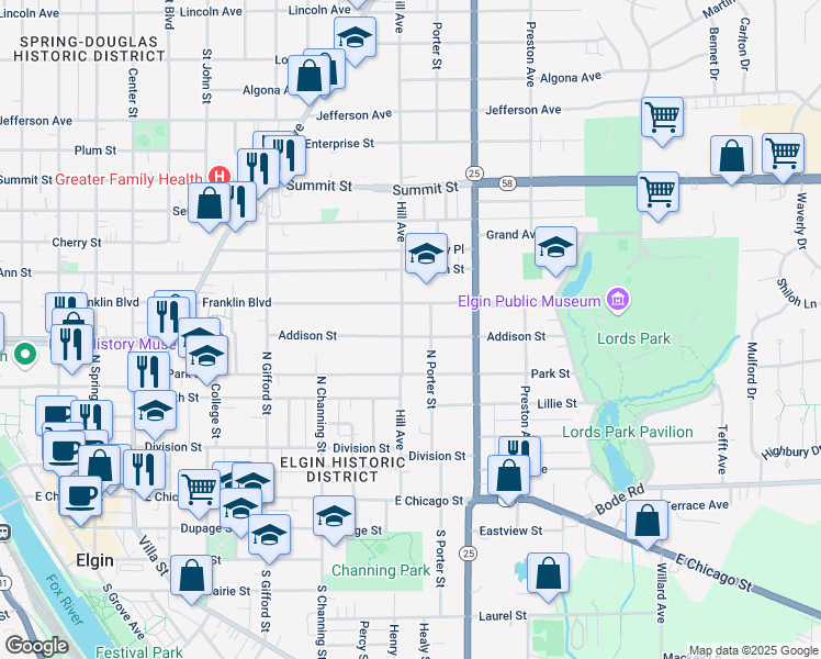 map of restaurants, bars, coffee shops, grocery stores, and more near 253 Hill Avenue in Elgin
