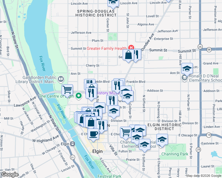 map of restaurants, bars, coffee shops, grocery stores, and more near 251 Center Street in Elgin