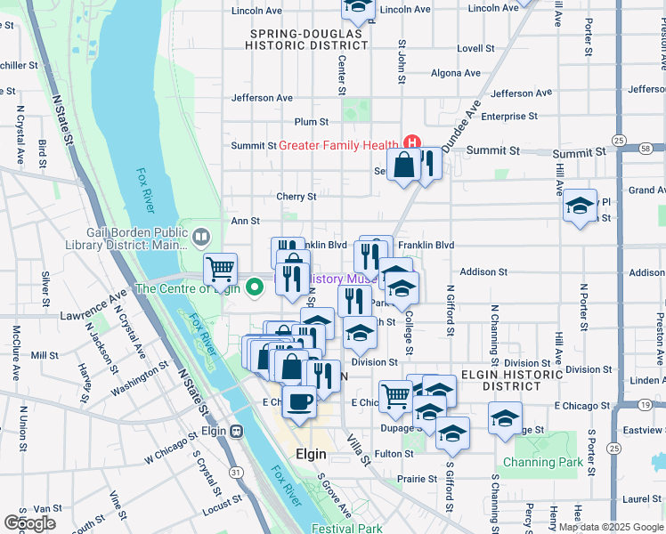 map of restaurants, bars, coffee shops, grocery stores, and more near 251 Center Street in Elgin
