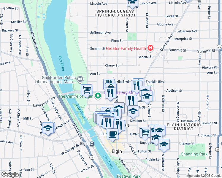 map of restaurants, bars, coffee shops, grocery stores, and more near 251 Douglas Avenue in Elgin