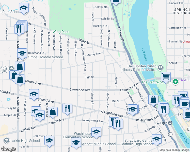 map of restaurants, bars, coffee shops, grocery stores, and more near 820 High Street in Elgin
