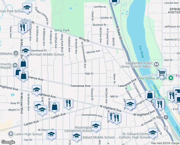 map of restaurants, bars, coffee shops, grocery stores, and more near 820 High Street in Elgin