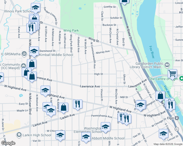 map of restaurants, bars, coffee shops, grocery stores, and more near 353 North Commonwealth Avenue in Elgin