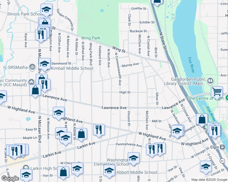 map of restaurants, bars, coffee shops, grocery stores, and more near 352 North Worth Avenue in Elgin