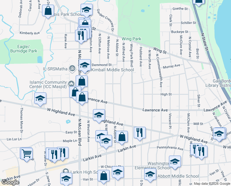 map of restaurants, bars, coffee shops, grocery stores, and more near 344 North Alfred Avenue in Elgin