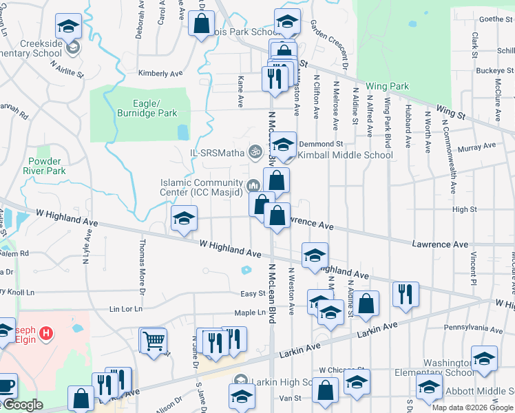 map of restaurants, bars, coffee shops, grocery stores, and more near 300 North McLean Boulevard in Elgin