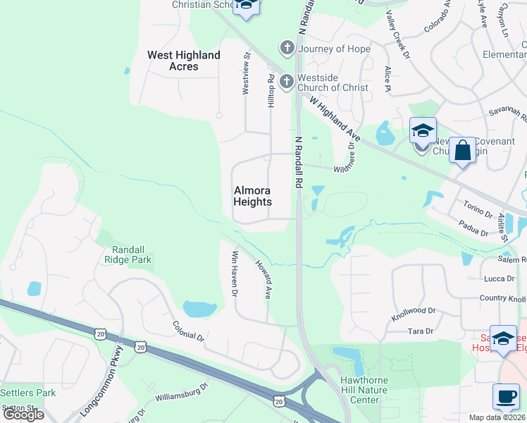 map of restaurants, bars, coffee shops, grocery stores, and more near 37W148 Brookside Drive in Elgin