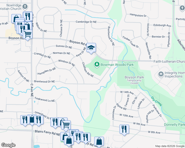 map of restaurants, bars, coffee shops, grocery stores, and more near 170 Chatham Road Northeast in Cedar Rapids