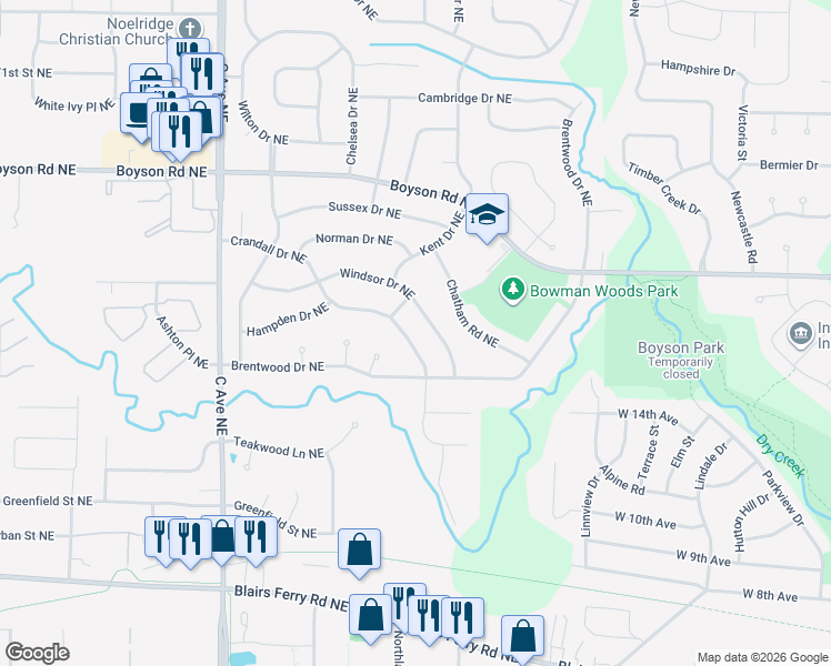 map of restaurants, bars, coffee shops, grocery stores, and more near 225 Windsor Drive Northeast in Cedar Rapids