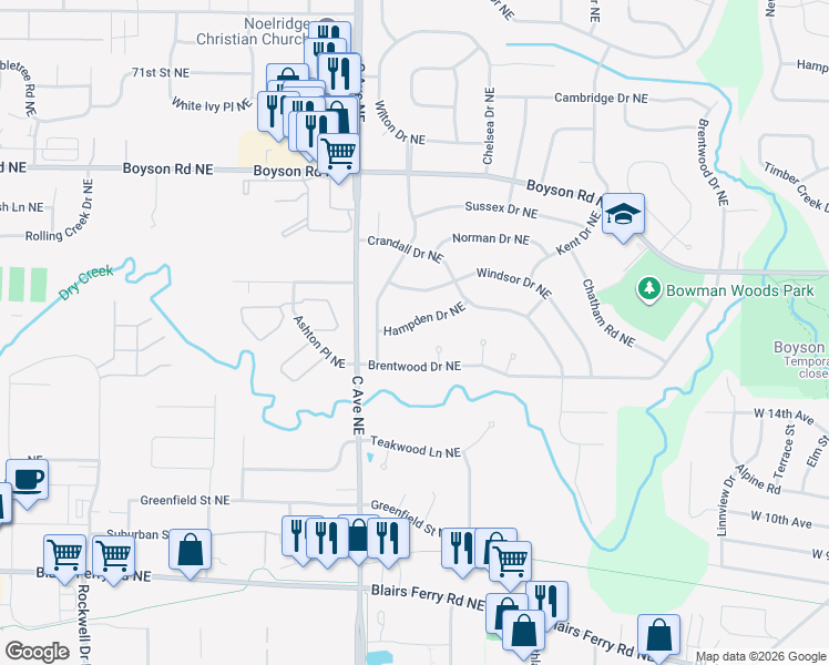 map of restaurants, bars, coffee shops, grocery stores, and more near 363 Hampden Drive Northeast in Cedar Rapids