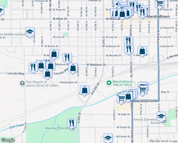 map of restaurants, bars, coffee shops, grocery stores, and more near 500-642 South 5th Street in Marshalltown