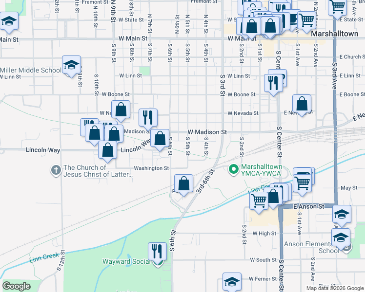 map of restaurants, bars, coffee shops, grocery stores, and more near 512 South 6th Street in Marshalltown