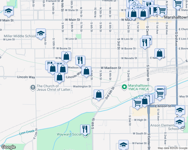 map of restaurants, bars, coffee shops, grocery stores, and more near 512 South 6th Street in Marshalltown