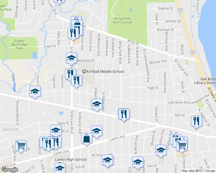 map of restaurants, bars, coffee shops, grocery stores, and more near 344 North Alfred Avenue in Elgin