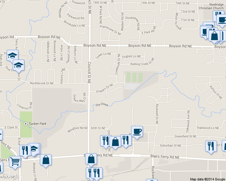 map of restaurants, bars, coffee shops, grocery stores, and more near 1431 Crossings Ct NE in Cedar Rapids