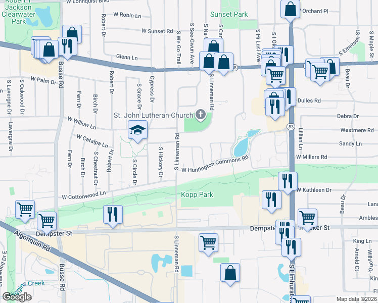 map of restaurants, bars, coffee shops, grocery stores, and more near 1300 South Mallard Lane in Mount Prospect