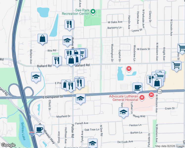 map of restaurants, bars, coffee shops, grocery stores, and more near 1913 Rancho Ln in Des Plaines