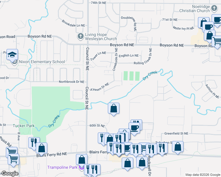 map of restaurants, bars, coffee shops, grocery stores, and more near 1431 Crossings Ct NE in Cedar Rapids