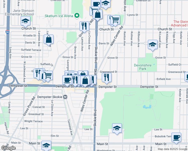 map of restaurants, bars, coffee shops, grocery stores, and more near 8851 Skokie Boulevard in Skokie