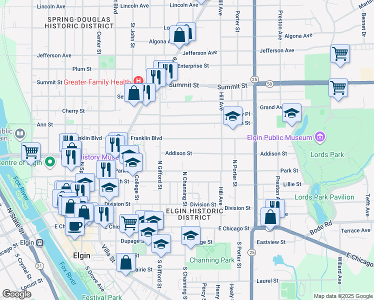 map of restaurants, bars, coffee shops, grocery stores, and more near 442 Addison Street in Elgin