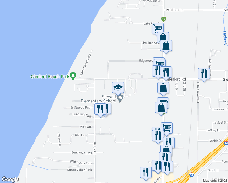 map of restaurants, bars, coffee shops, grocery stores, and more near 4174 Maple Lane in Stevensville
