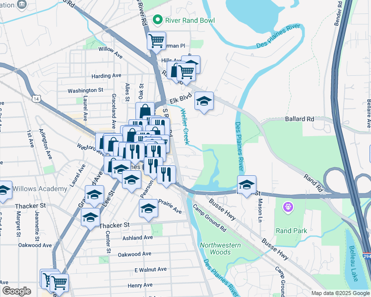 map of restaurants, bars, coffee shops, grocery stores, and more near 1646 River Street in Des Plaines