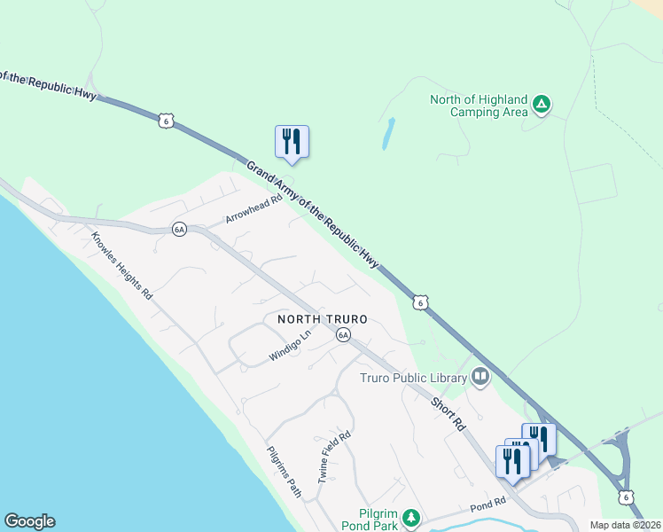 map of restaurants, bars, coffee shops, grocery stores, and more near 1 Pine Ridge End in Truro