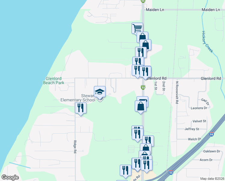map of restaurants, bars, coffee shops, grocery stores, and more near 4136 Cottage Path in Stevensville