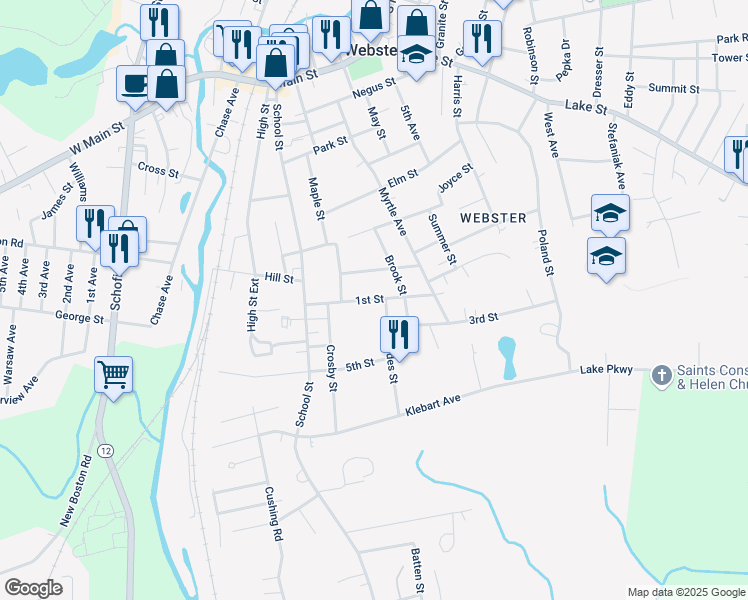 map of restaurants, bars, coffee shops, grocery stores, and more near 1st Street in Webster