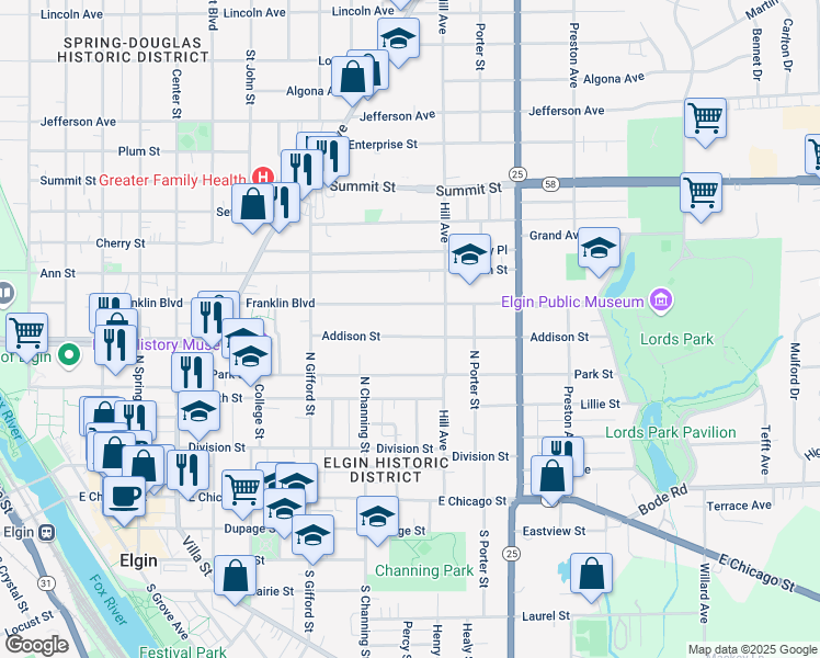 map of restaurants, bars, coffee shops, grocery stores, and more near 470 Addison Street in Elgin