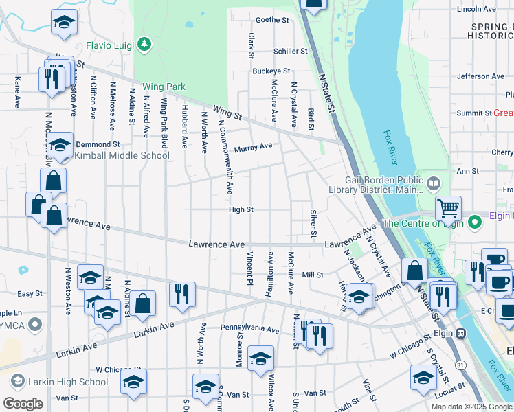 map of restaurants, bars, coffee shops, grocery stores, and more near 820 High Street in Elgin