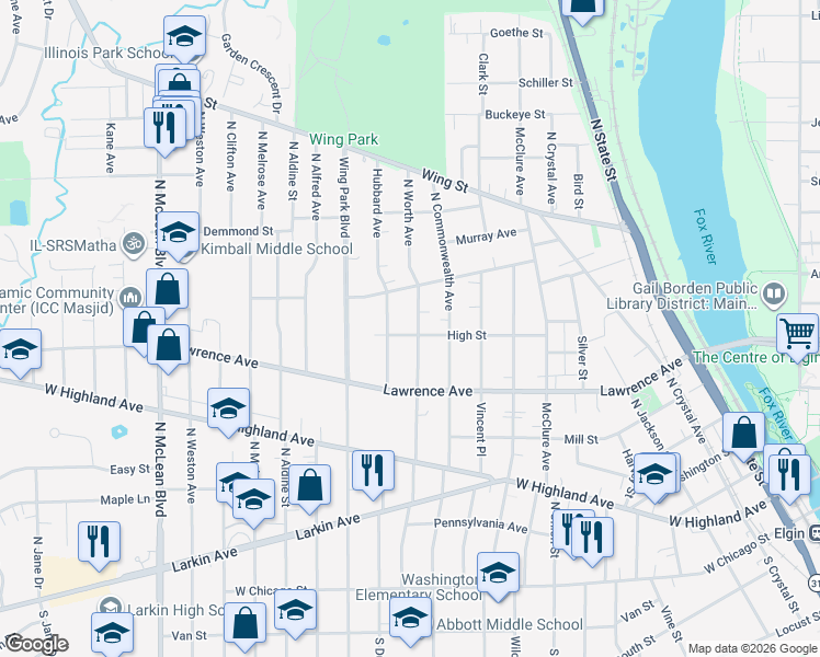 map of restaurants, bars, coffee shops, grocery stores, and more near 352 North Worth Avenue in Elgin