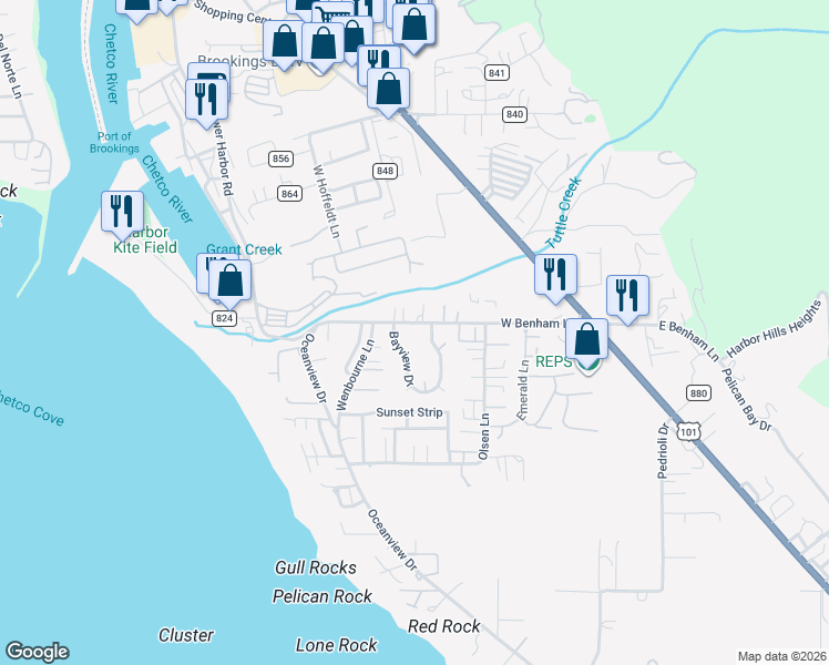map of restaurants, bars, coffee shops, grocery stores, and more near 98000 West Benham Lane in Brookings