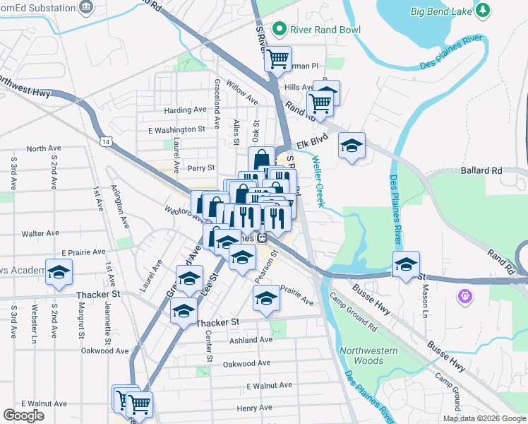 map of restaurants, bars, coffee shops, grocery stores, and more near 1488 East Northwest Highway in Des Plaines