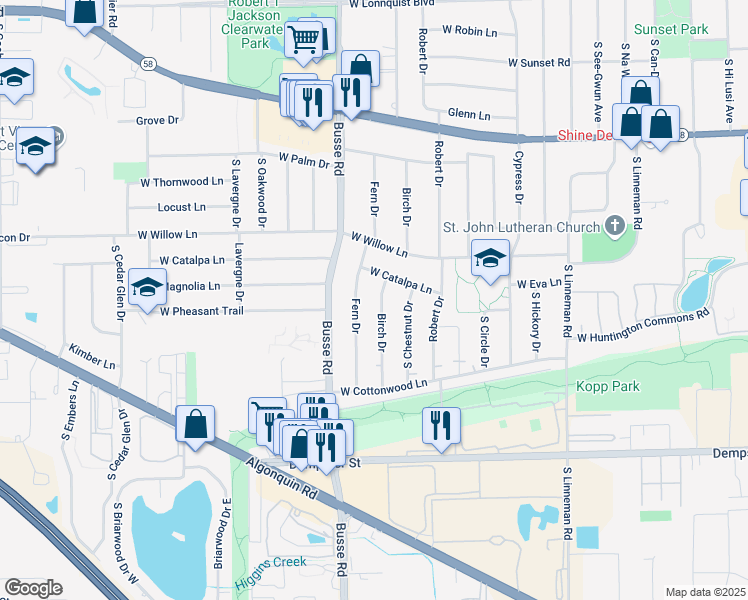 map of restaurants, bars, coffee shops, grocery stores, and more near 1408 Birch Drive in Mount Prospect
