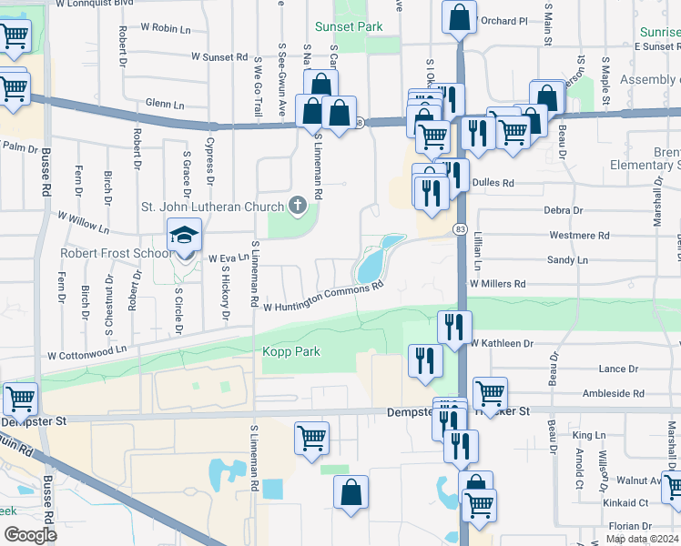 map of restaurants, bars, coffee shops, grocery stores, and more near 1306 Hunt Club Drive in Mount Prospect