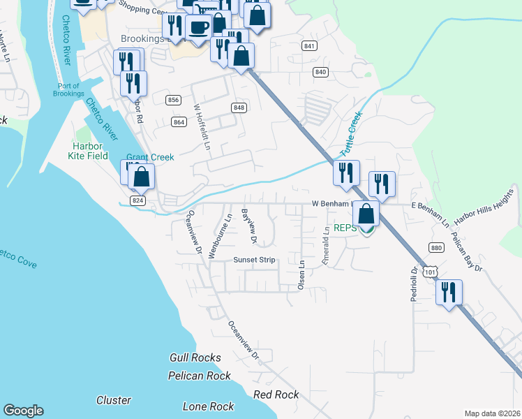 map of restaurants, bars, coffee shops, grocery stores, and more near 98000 West Benham Lane in Brookings