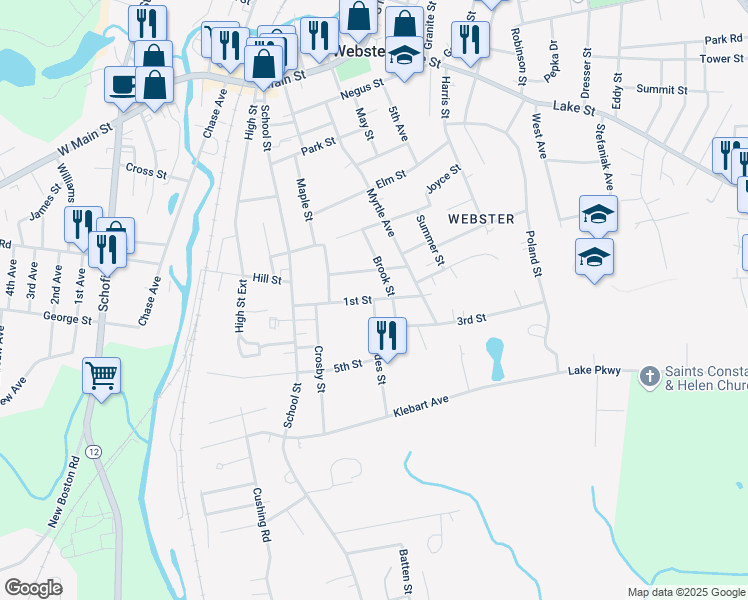 map of restaurants, bars, coffee shops, grocery stores, and more near 1st Street in Webster