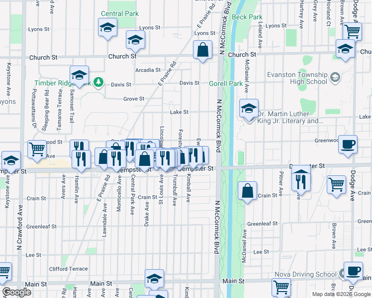 map of restaurants, bars, coffee shops, grocery stores, and more near 8841 Forestview Rd in Evanston