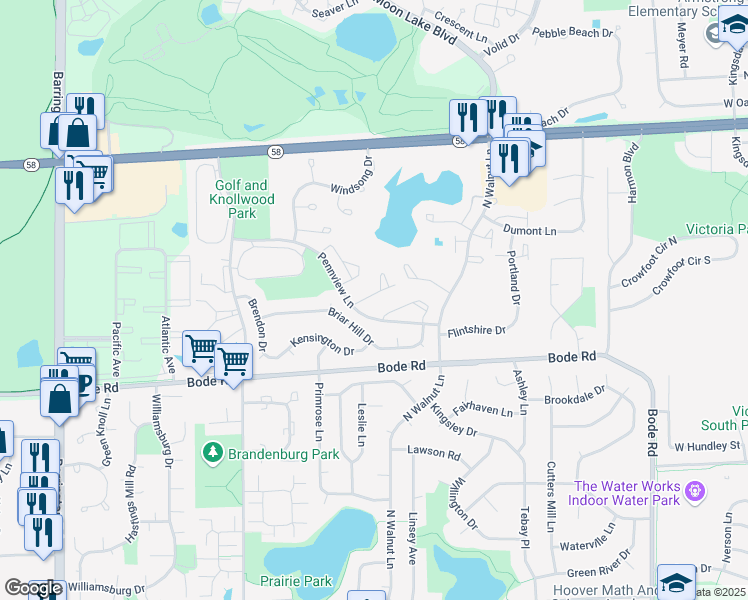 map of restaurants, bars, coffee shops, grocery stores, and more near 2033 Stanley Court in Schaumburg