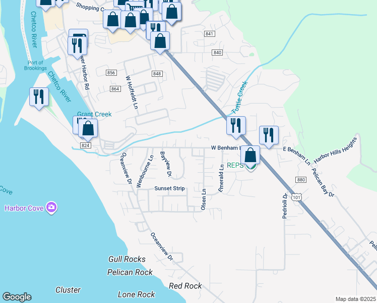 map of restaurants, bars, coffee shops, grocery stores, and more near 98036 West Benham Lane in Brookings