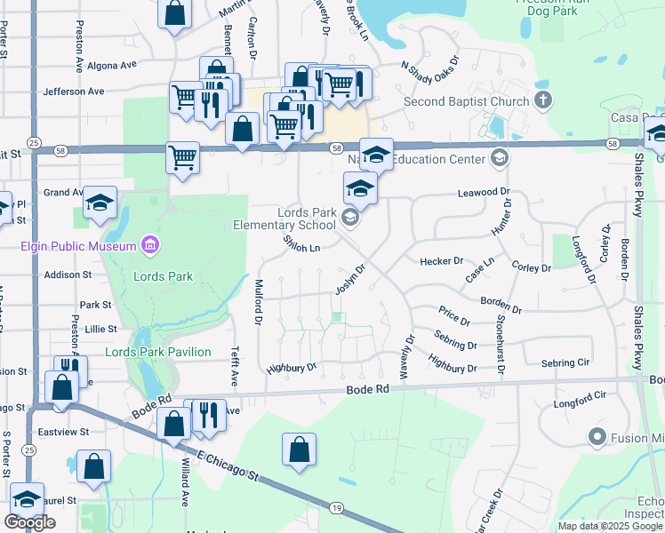 map of restaurants, bars, coffee shops, grocery stores, and more near 80 Joslyn Drive in Elgin