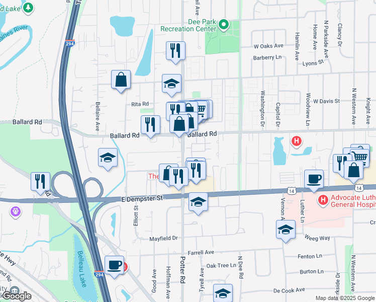 map of restaurants, bars, coffee shops, grocery stores, and more near 9395 Landings Lane in Des Plaines